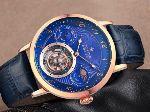 Tufina Pionier Basel Tourbillon, rose gold tourbillon watch for men with a blue dial and leather band