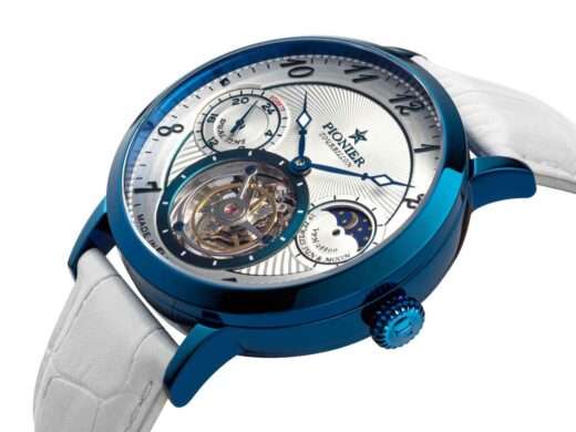 Tufina Pionier Basel Tourbillon, German tourbillon watch for men, white dial watch with a blue case, thin blue hands and a white leather band