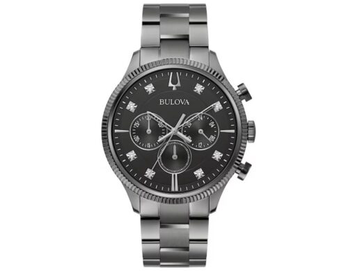 Bulova Classic Chronograph Men's Watch 98D179 diamond watch for men with a black dial and gray metal bracelet, minimalist design