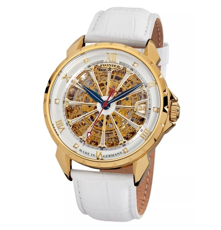 Tufina Pionier London Diamonds GM-510-4 diamond watch for men with a skeleton dial, gold case, white leather band, blue leaf hands