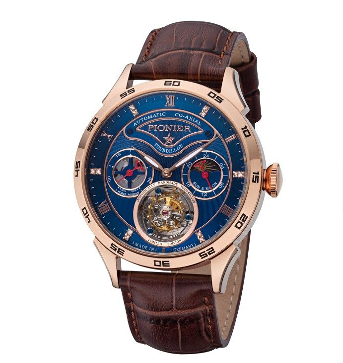 Tufina Pionier Geneva Tourbillon GM-902-7 Rose diamond watch for men with a rose gold case, brown leather band, blue dial, GMT function and leaf hands