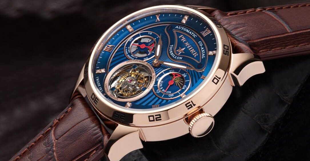 Tufina Pionier Geneva Tourbillon luxury watch for men with rose gold case, brown leather strap, blue dial, GMT function, tourbillon movement