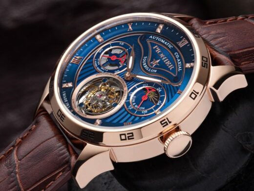 Tufina Pionier Geneva Tourbillon luxury watch for men with rose gold case, brown leather strap, blue dial, GMT function, tourbillon movement