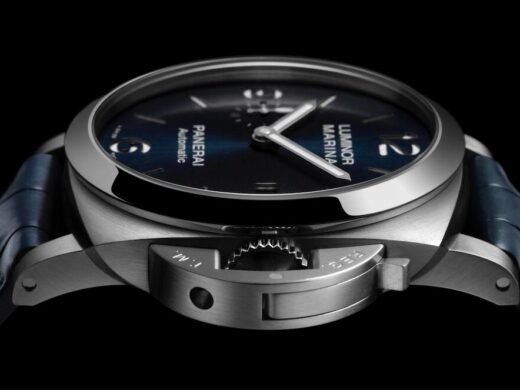 Panerai luxury watch for men with a blue dial, silver case, black band and large case