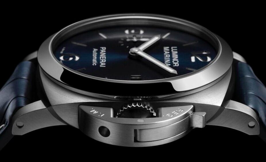 Panerai luxury watch for men with a blue dial, silver case, black band and large case